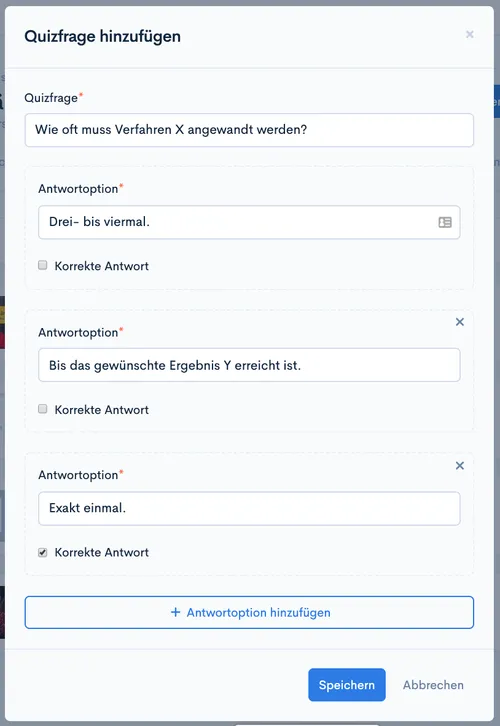 Ausgefüllter Dialog ‘Quizfrage hinzufügen’ mit Frage und drei Antwortoptionen, eine als korrekte Antwort markiert