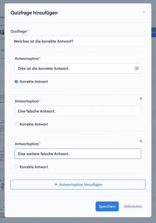 Ausgefüllter Dialog ‘Quizfrage hinzufügen’ mit drei Antwortoptionen und Checkbox ‘Korrekte Antwort’