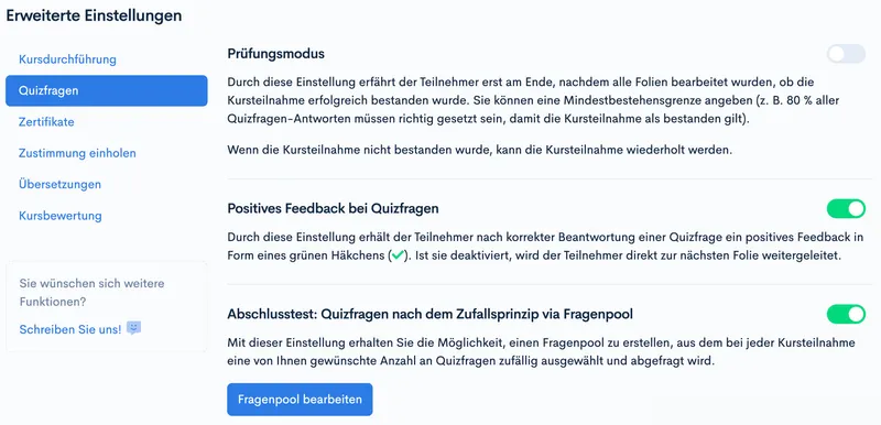Erweiterte Einstellungen, Tab ‘Quizfragen’ mit Prüfungsmodus, positivem Feedback und Abschlusstest via Fragenpool
