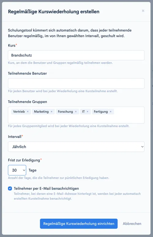 Dialog „Regelmäßige Kurswiederholung erstellen“ mit Feldern für Kurs, Teilnehmer, Gruppen, Intervall und Frist