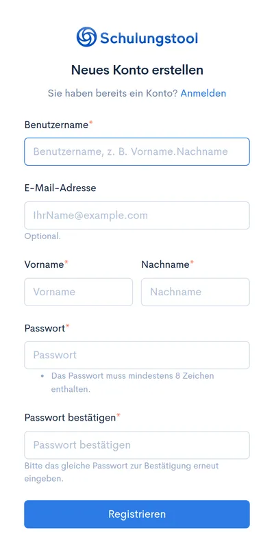 Registrierungsformular ‘Neues Konto erstellen’ mit Feldern für Benutzername, optionale E-Mail-Adresse, Vor- und Nachname sowie Passwort