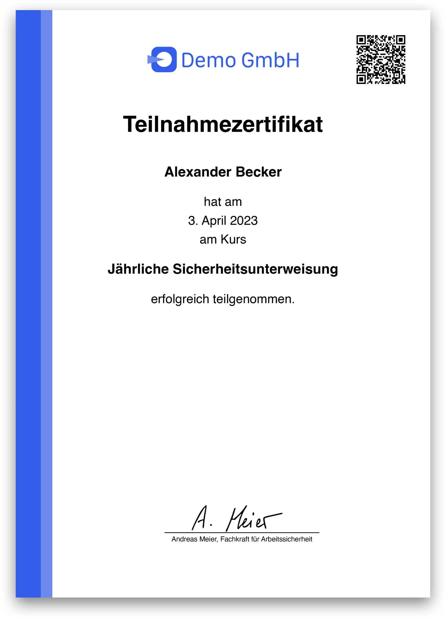 Teilnahmezertifikat einer Unterweisung in Schulungstool mit Name, Datum, Kurs, Unterschrift und QR-Code