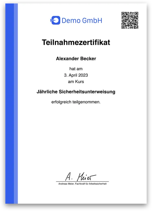 Abbildung eines Teilnahmezertifikats, das für eine Jährliche Sicherheitsunterweisung mit der Schulungssoftware Schulungstool ausgestellt wurde und als Teilnahmenachweis dient.