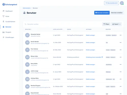 Screenshot der Benutzerverwaltung im Administrationsbereich. Hier können die Schulungsteilnehmer verwaltet werden.