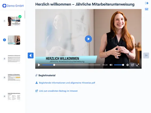 Screenshot einer beispielhaften Schulung mit Schulung. Dargestellt ist eine jährliche Mitarbeiterunterweisung mit einem Video als Schulungsinhalt.