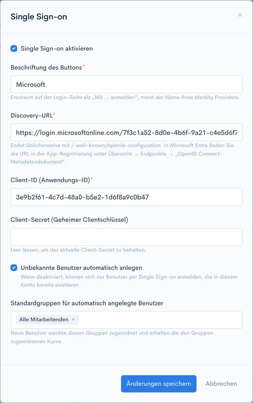 Dialog ‘Single Sign-on’ mit den Feldern Beschriftung des Buttons, Discovery-URL, Client-ID, Client-Secret sowie den Optionen zur automatischen Benutzeranlage