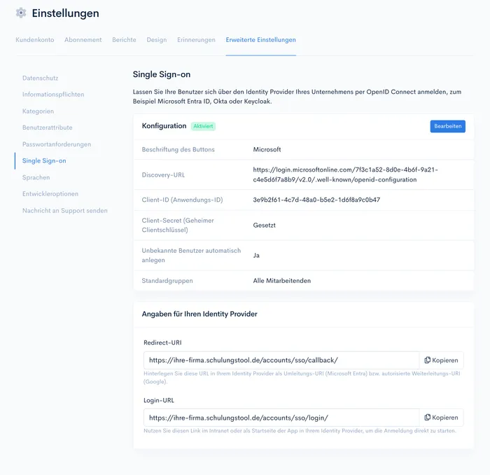 Einstellungsseite ‘Single Sign-on’ mit aktivierter Konfiguration sowie Redirect-URI und Login-URL zum Kopieren