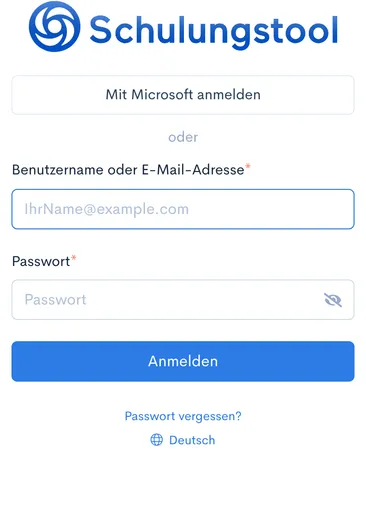 Login-Seite mit dem Button ‘Mit Microsoft anmelden’ über den Feldern ‘Benutzername oder E-Mail-Adresse’ und ‘Passwort’