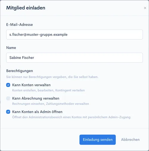 Dialog ‘Mitglied einladen’ mit Feldern für E-Mail-Adresse und Name sowie den drei Berechtigungen