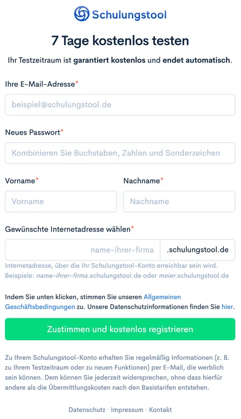 Registrierungsformular ‘7 Tage kostenlos testen’ mit Feldern für E-Mail, Passwort, Name und gewünschte Internetadresse