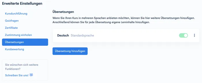 Erweiterte Einstellungen, Bereich ‘Übersetzungen’ mit Standardsprache Deutsch und Button ‘Übersetzung hinzufügen’