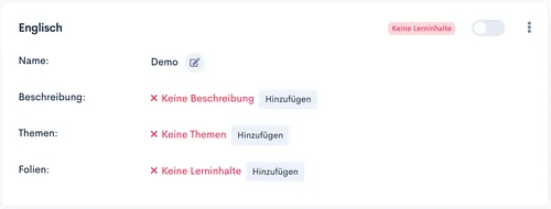 Aufgeklappter Eintrag ‘Englisch’ mit Name ‘Demo’ und Hinzufügen-Buttons für Beschreibung, Themen und Folien