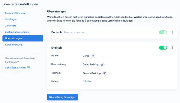 Übersicht ‘Übersetzungen’ mit Standardsprache Deutsch und aktivierter englischer Übersetzung mit 6 Folien