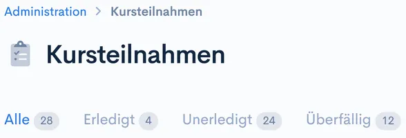 Übersicht ‘Kursteilnahmen’ im Administrationsbereich mit Tabs ‘Alle’, ‘Erledigt’, ‘Unerledigt’ und ‘Überfällig’