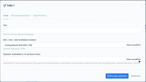 Dialog ‘Folie 1’ mit Feld ‘Optional: Audiodatei (z. B. als Voice-Over)’ und Button ‘Datei auswählen’