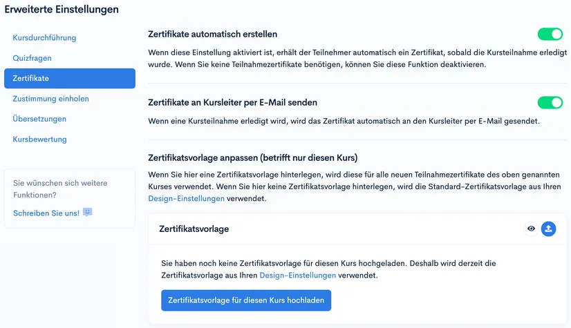 Tab ‘Zertifikate’ der Erweiterten Einstellungen mit Schaltern für automatische Zertifikate und Zertifikatsvorlage