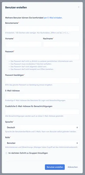 Screenshot des Dialogs „Benutzer erstellen“ mit Feld „Zusätzliche E-Mail-Adresse für Benachrichtigungen“