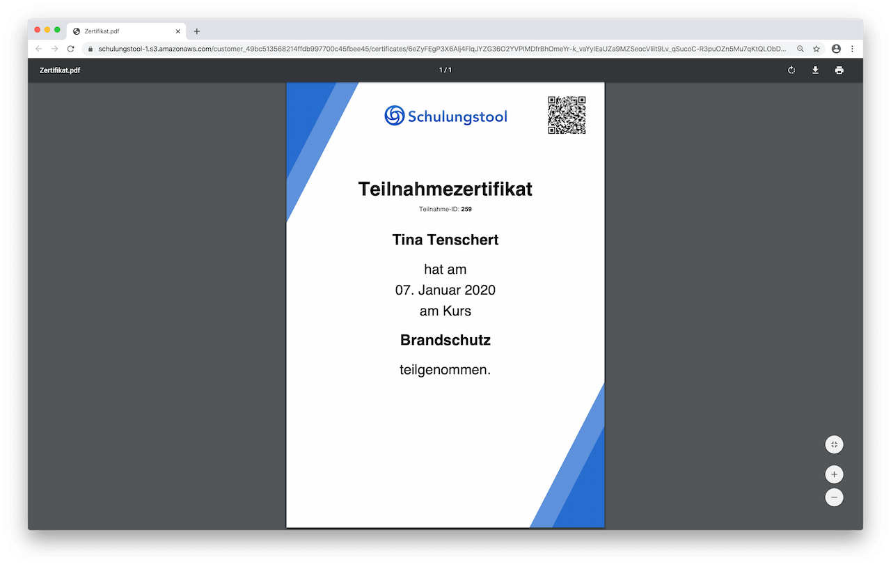 Teilnahmezertifikat nach erfolgreicher Unterweisung/Schulung
